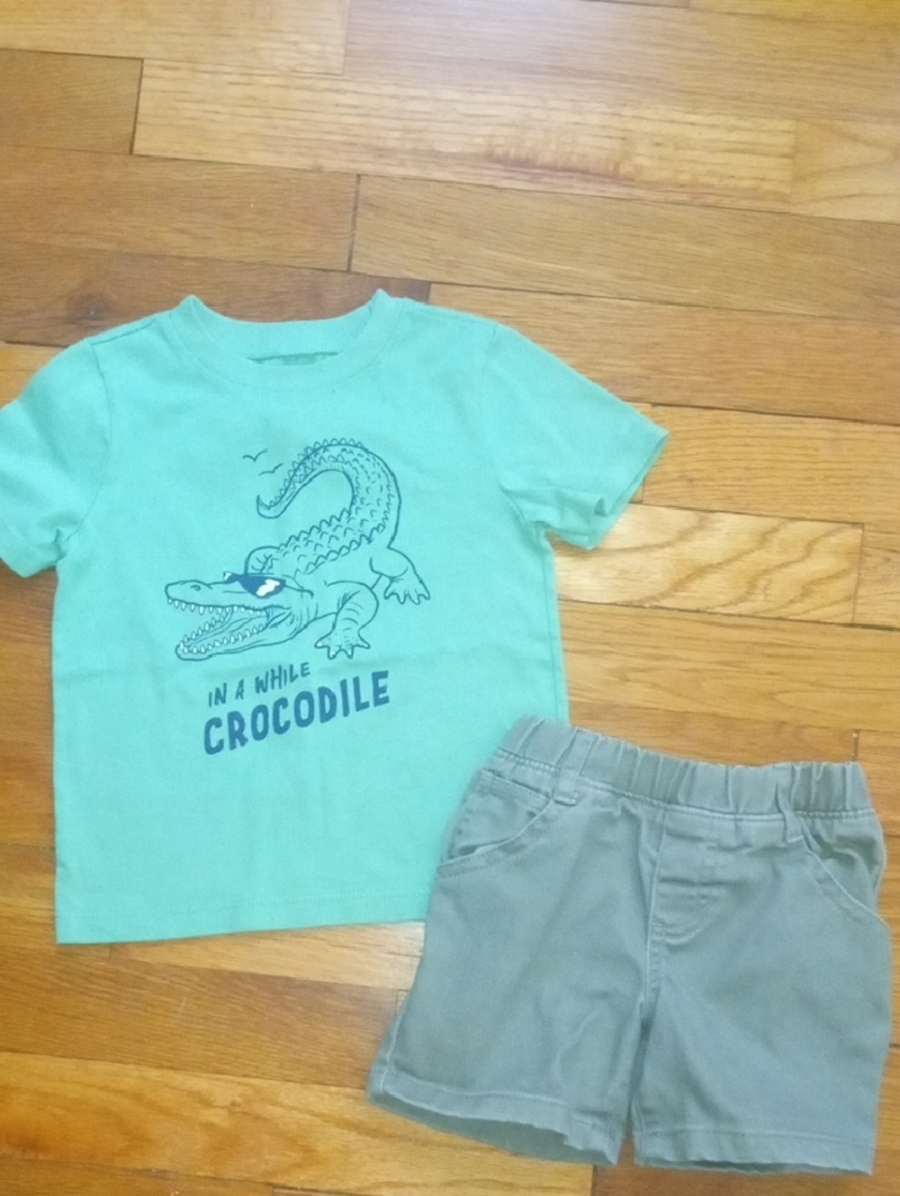 boys 2t green denim shorts and graphic tee